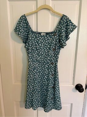 Sienna Sky Teal Floral Square Neck Mini Dress with Side Buttons